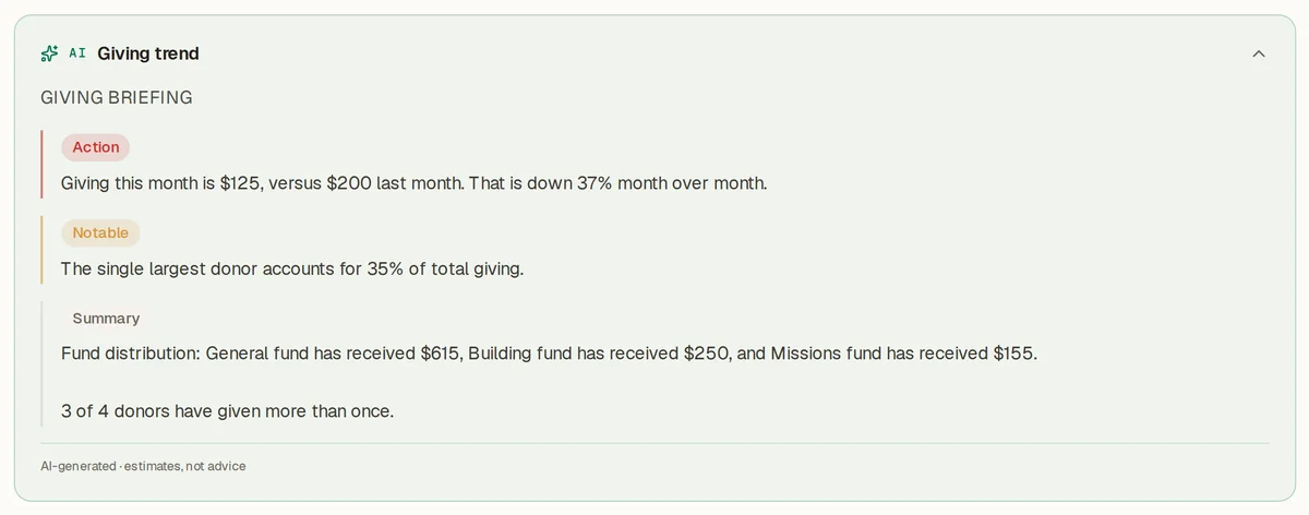 SundayBridge giving page with contributions and statements