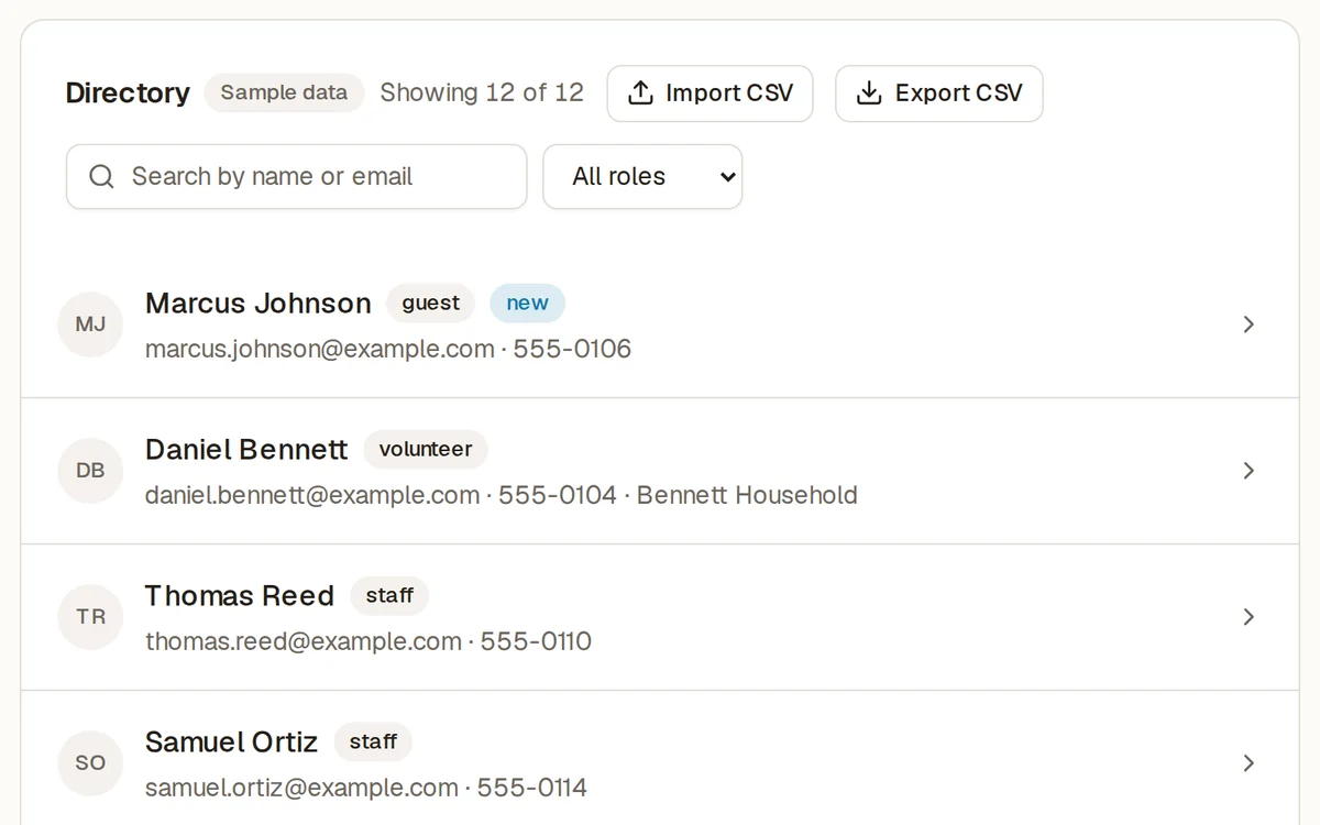 SundayBridge people directory with roles and households