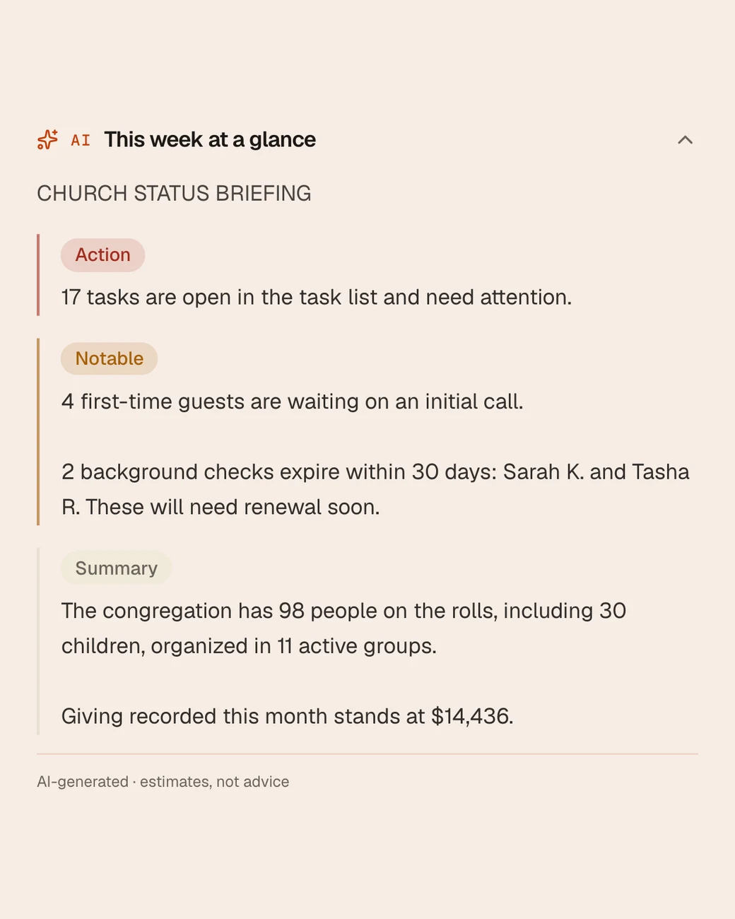 SundayBridge AI briefing: this week at a glance, from the sample church