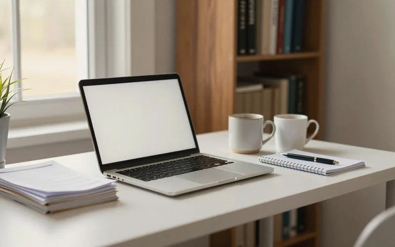 A church office desk with a laptop and bulletins