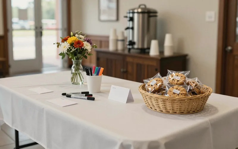 A church welcome table with coffee and name tags