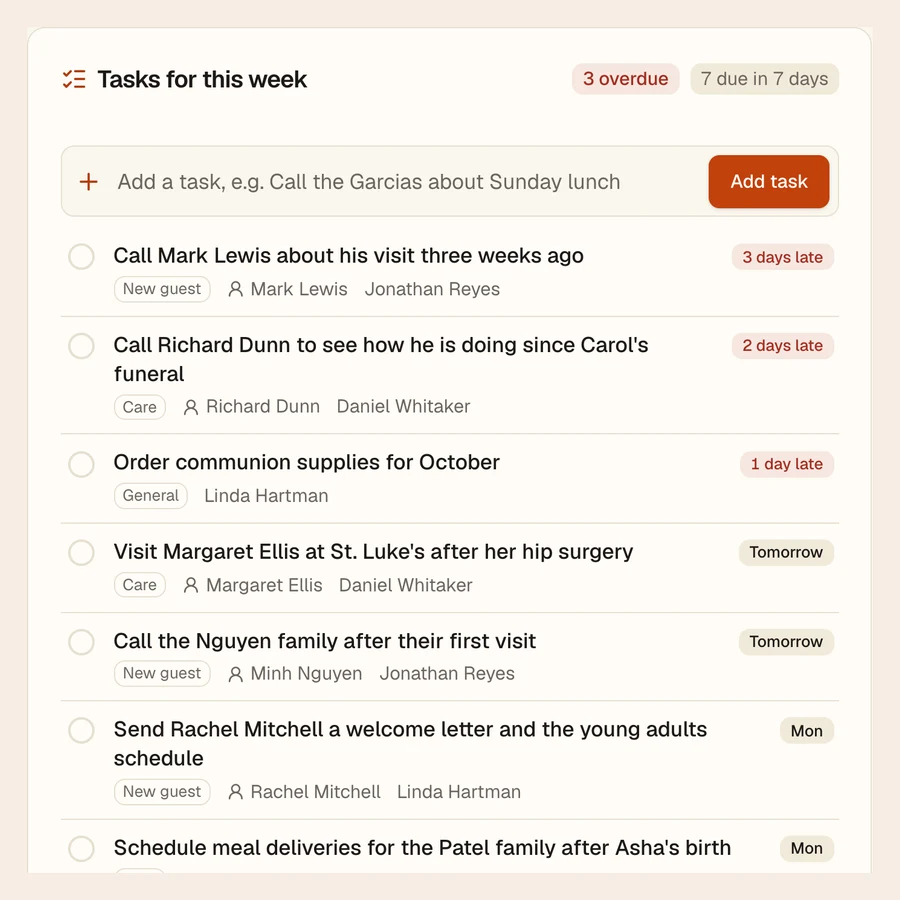 SundayBridge task list for the week, from the sample church